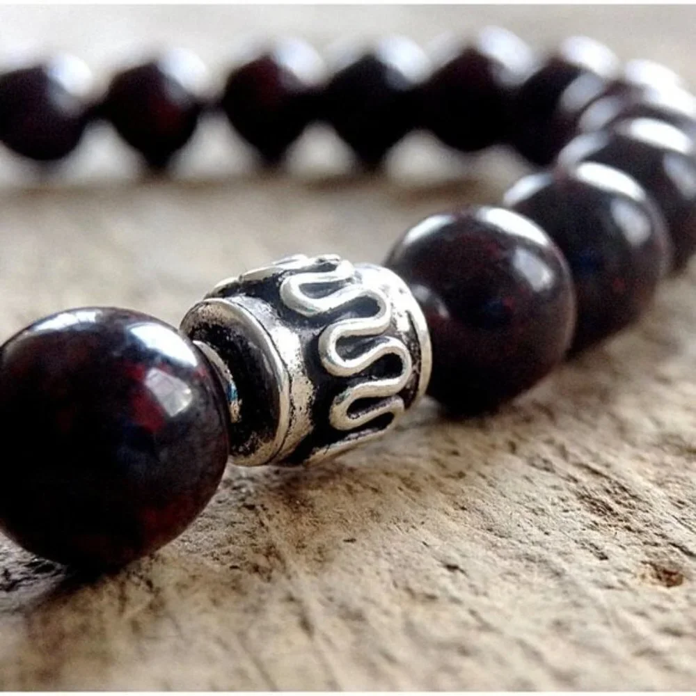 Men's Burgundy Jasper Gemstone Bracelet with Sterling Silver Accent - 8mm Beads